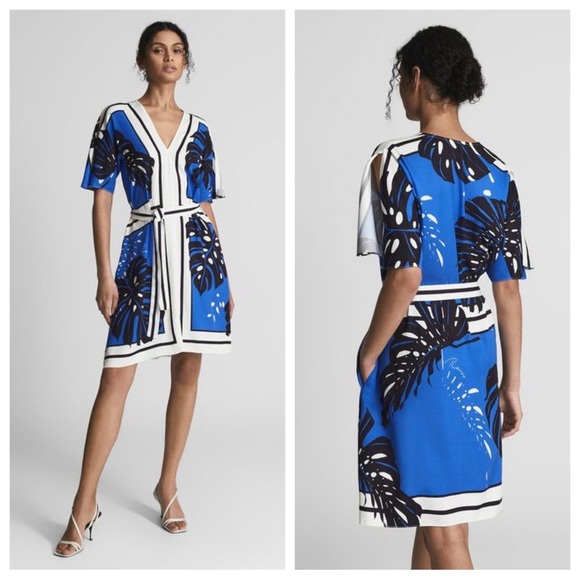 Reiss Dresses & Skirts - New! Reiss Hannah palm leaf floral v-neck Dress blue black nwt 18373